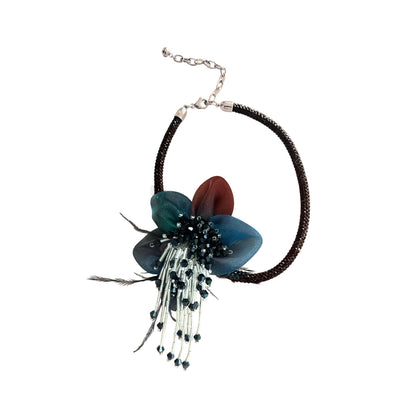 Handmade Black Crystal Tulle Flower Tassel Necklace