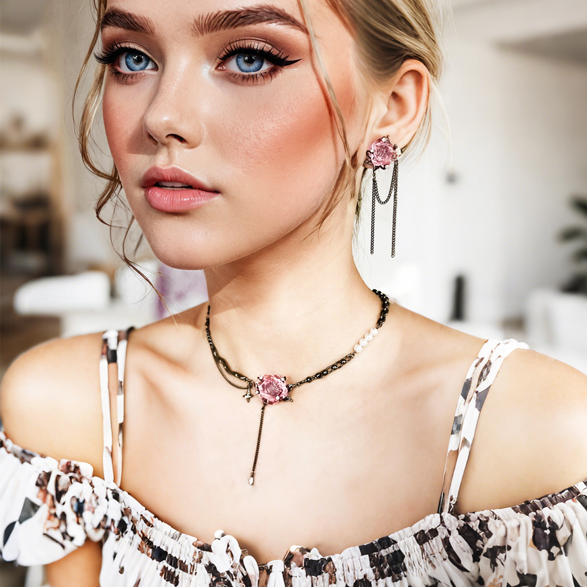 Pink Rose Dark Gothic Necklace/Earrings【varieties】