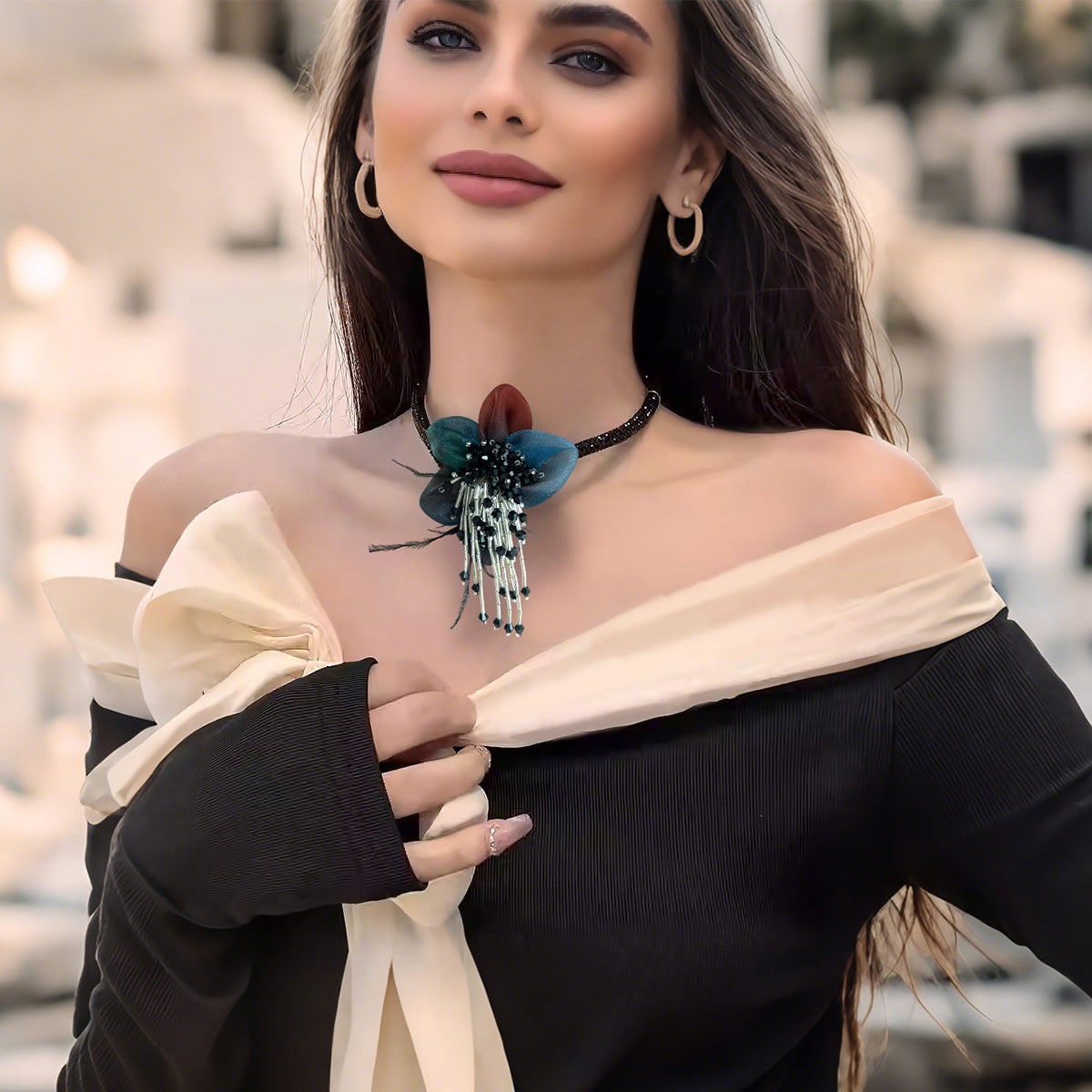 Handmade Black Crystal Tulle Flower Tassel Necklace