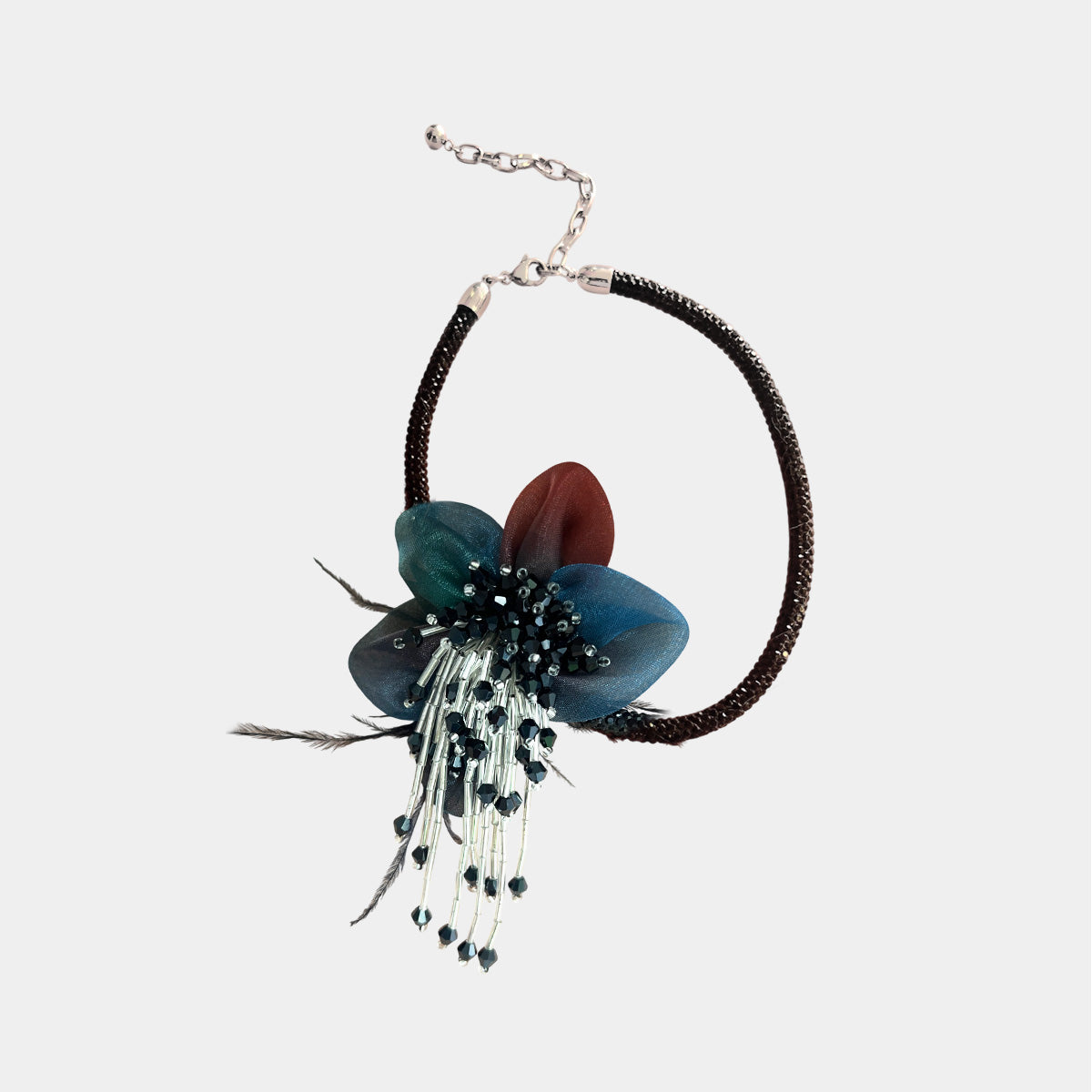 Handmade Black Crystal Tulle Flower Tassel Necklace