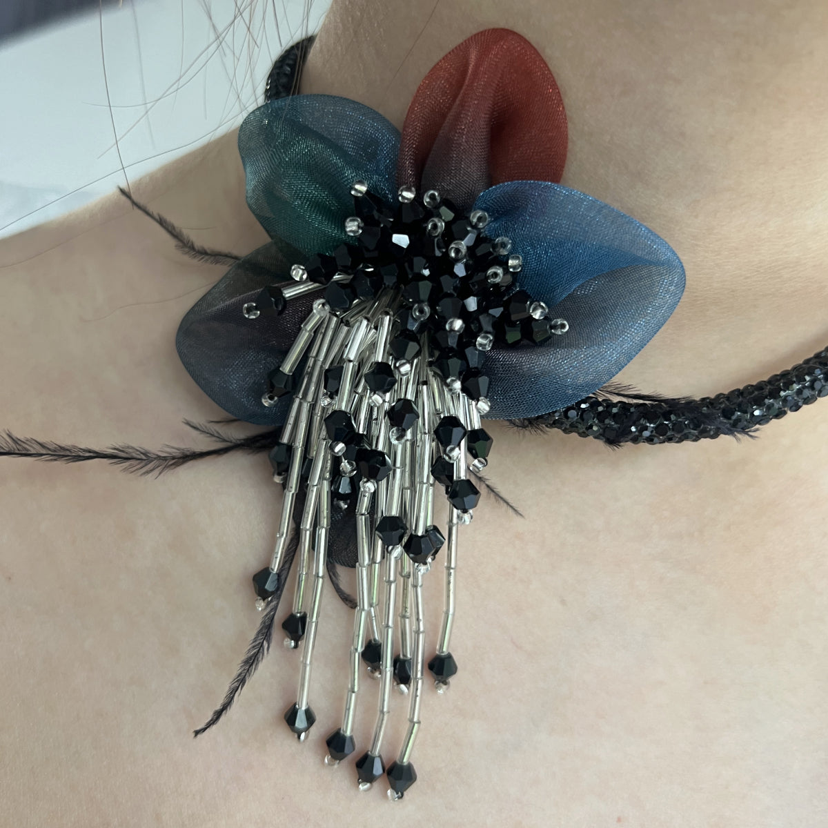 Handmade Black Crystal Tulle Flower Tassel Necklace