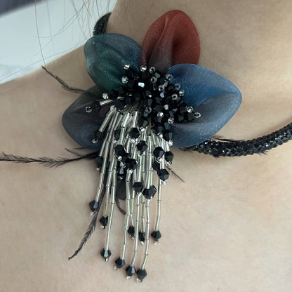 Handmade Black Crystal Tulle Flower Tassel Necklace